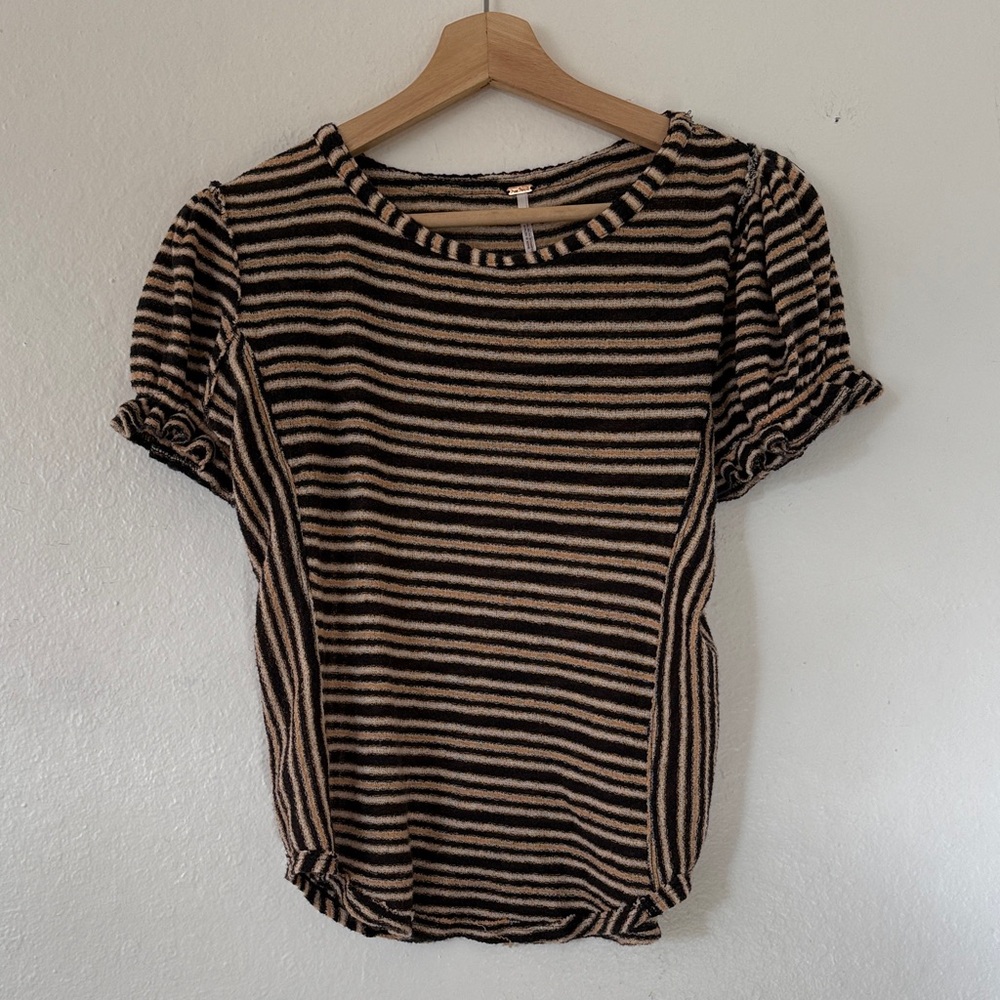 Free People Black and Tan Striped Shirt in Tan and Black Sz L